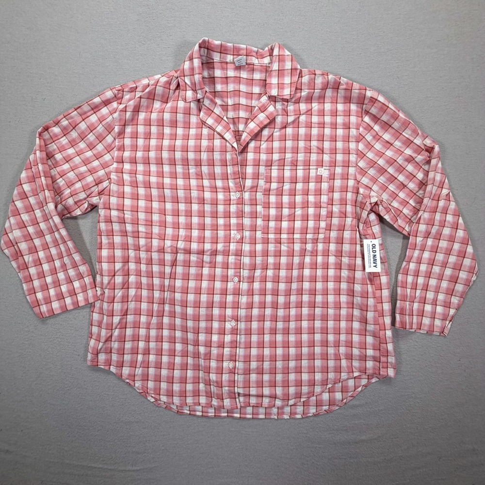 Old Navy Womens Button Down Relaxed Pink Plaid Long Sleeve Shirt Size M